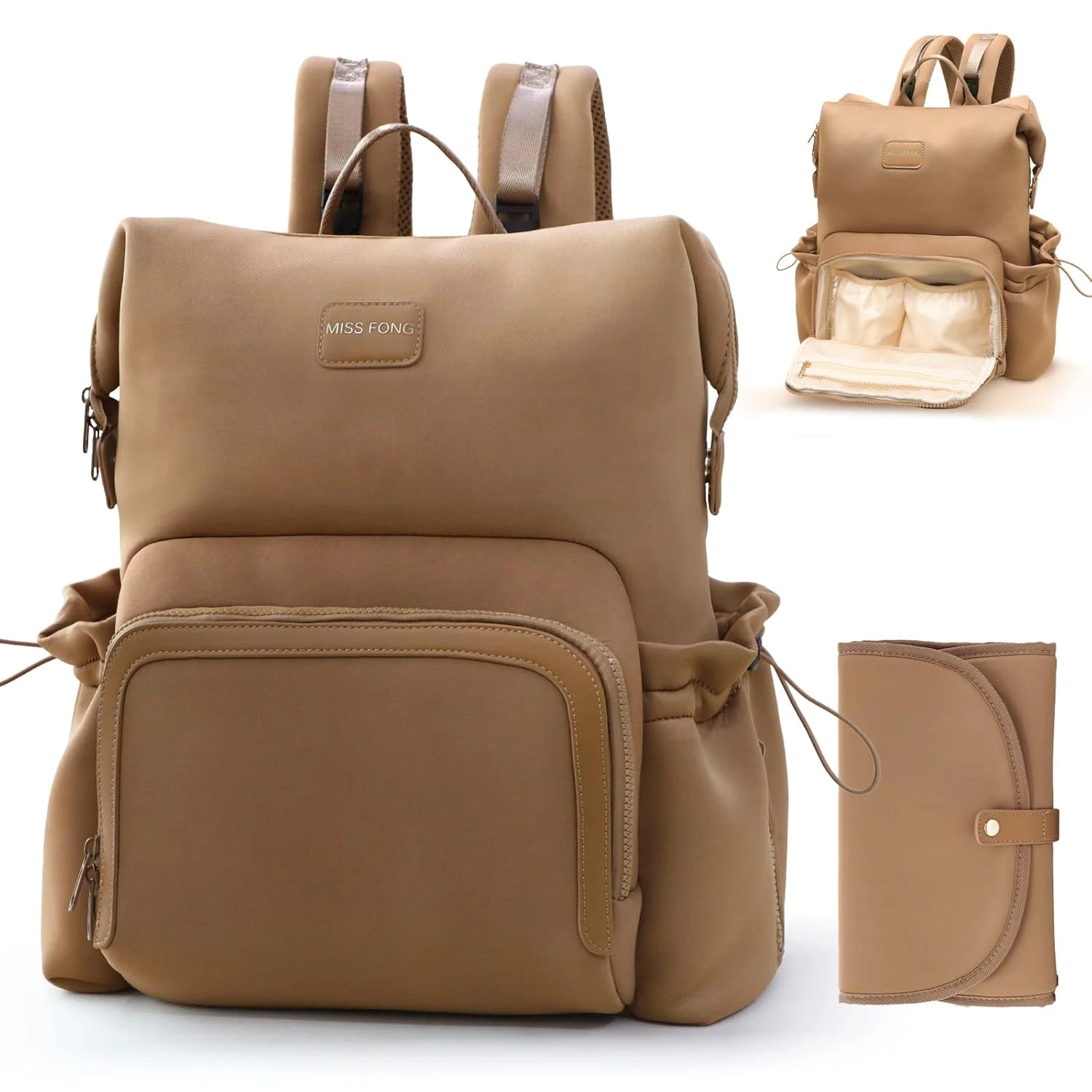 Stylish Neoprene Diaper Bag Backpack with 12 Pockets & Changing Pad - Brown