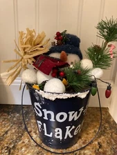 Snowman in Bucket Figurine Winter Magic with Tag 8”