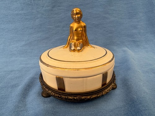 Vintage BW Porcelain Powder Vanity Jar Gold Topless Kneeling Lady Trinket Box - Picture 15 of 18