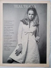 1967 Womens Teal Traina Bergamo silk brocade coat dress bow vintage fashion ad