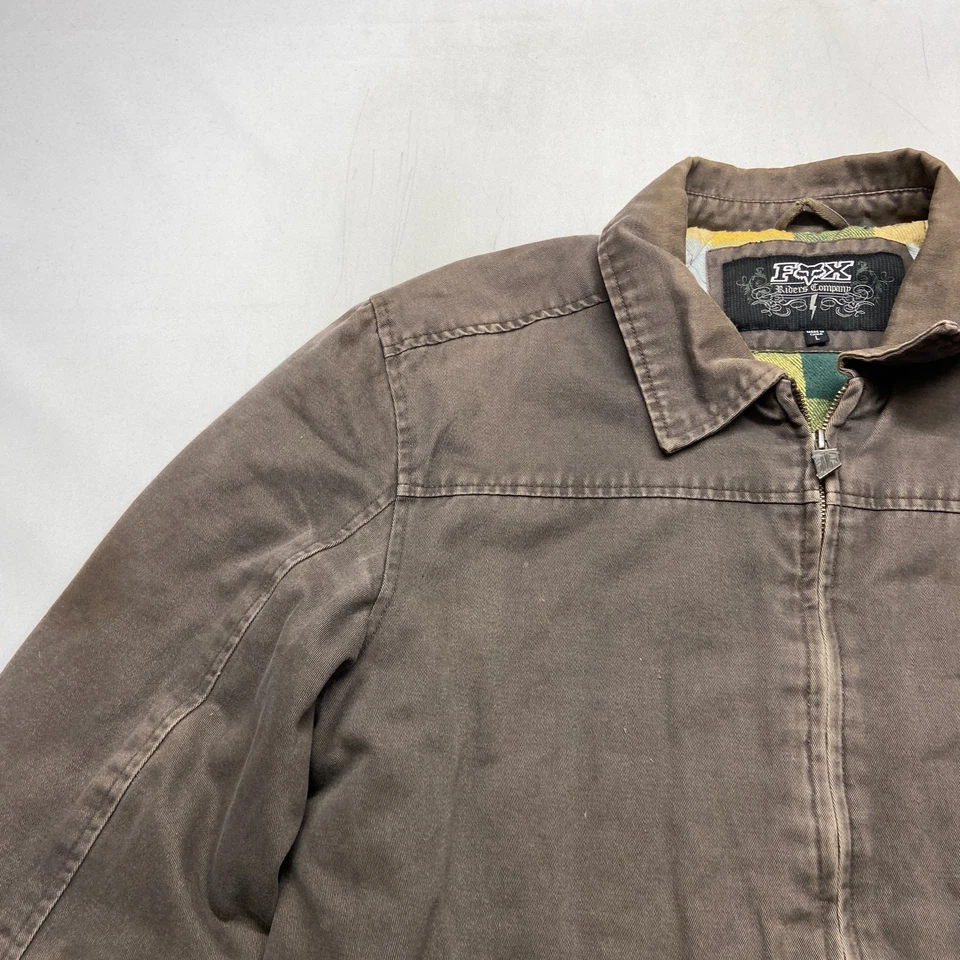 Chaqueta de mezclilla de colección Fox Riders Co para hombre L marrón forrada cremallera completa motocicleta Y2k rara Foto 4 de 4