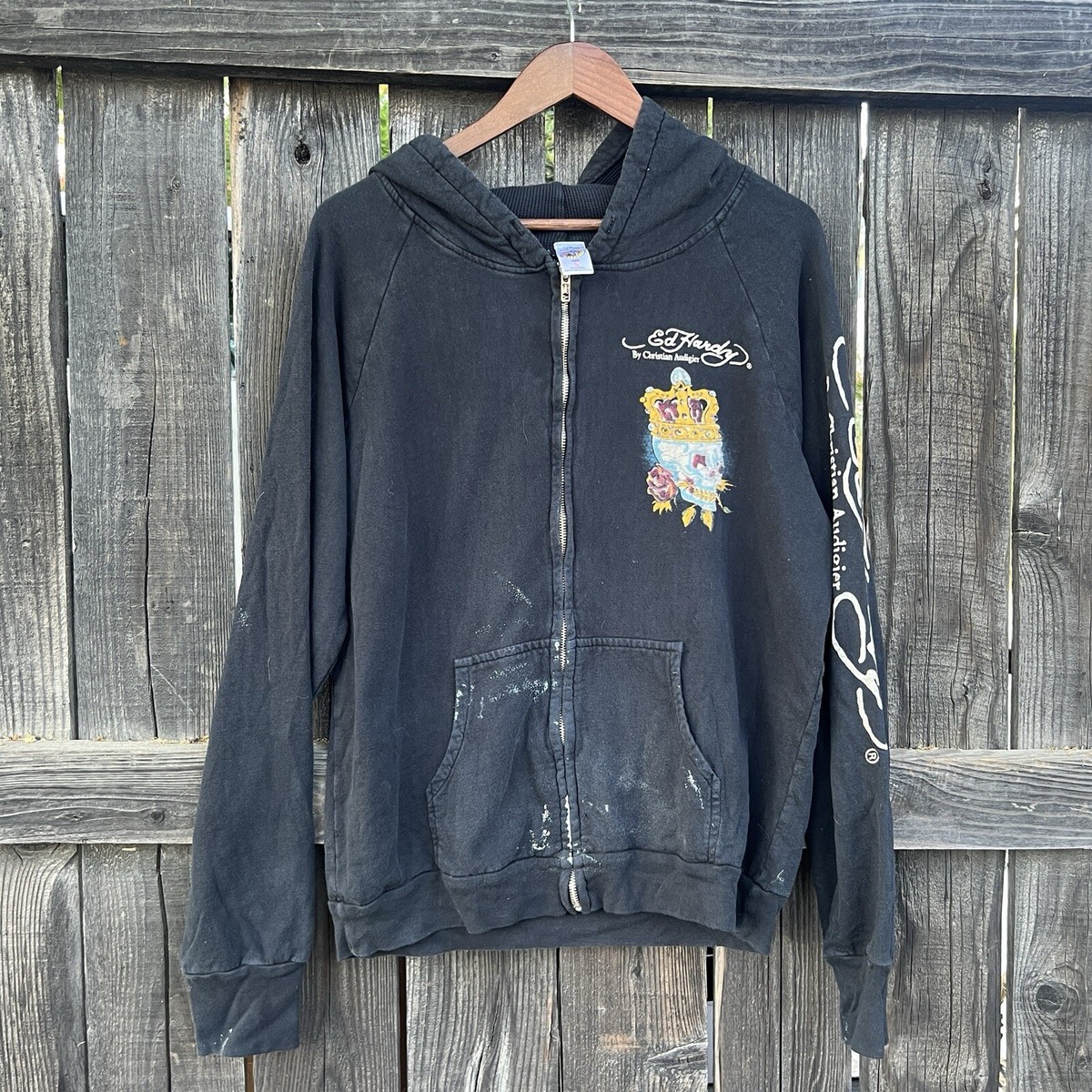 Ed Hardy Y2K Waffle Hood Paint Splattered Zip Up Skeleton