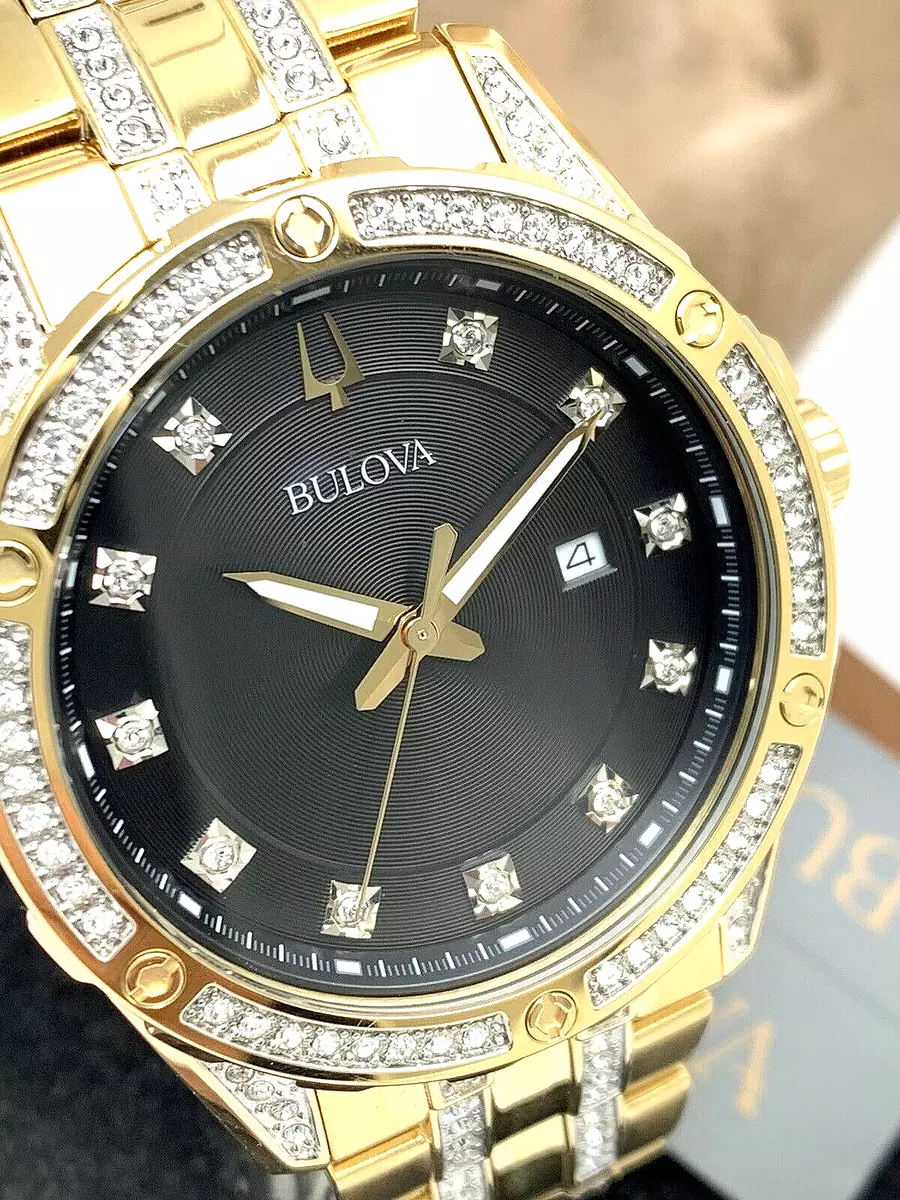 Montre pour homme Bulova 98K107 quartz cadran noir cristaux or acier gemm 43 mm