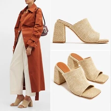 Dear Frances Deri Slip On Square Toe Mules  40 10 Beige Raffia Leather NEW $590