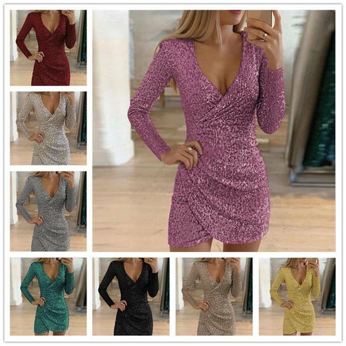 Minikleider Damen Pailletten Damen Ballkleid Weihnachten Abend Partykleid Bodycon - Bild 6 von 23