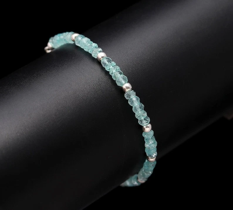 Pulseras de mujer hechas a mano con cuentas de piedras preciosas rondelle facetadas aguamarina azul 6-8" Foto 4 de 4