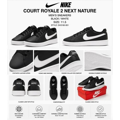 Nike Mens Court Royale 2 Next Nature Black White Sneakers DH3160-001 Size 11.5