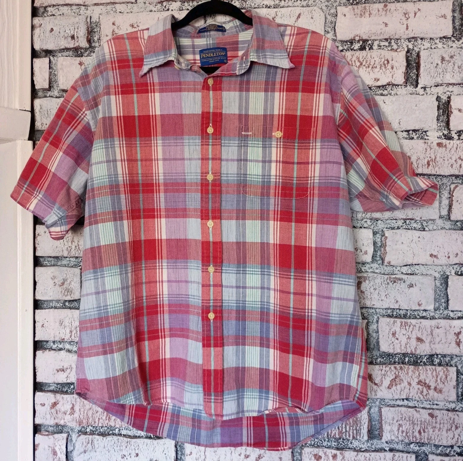 Pendleton Oceanside Short Sleeve Button Up Shirt Mens XL Plaid Pink Red Blue
