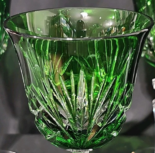Set Of 4 Gorham Crystal Cherrywood Clear Emerald Green Hock Wine - Picture 2 of 5