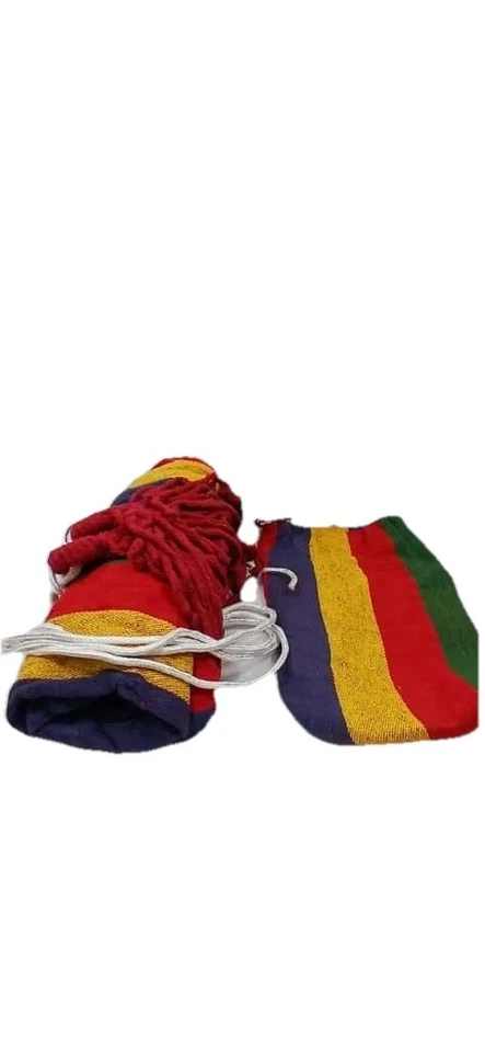 Hamaca de algodón arcoíris portátil con bolsa, correas y mosquetones Foto 2 de 2