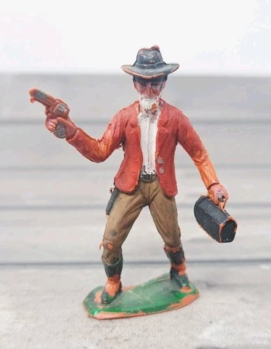 Vintage Marx Cowboy 2" Figure Revolver Outlaw Valise Painted Bearded 1950s 1960s