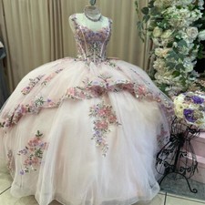 Pink Quinceanera Dresses Ball Gown 3D Floral Applique Tiered Corset Sweet 16