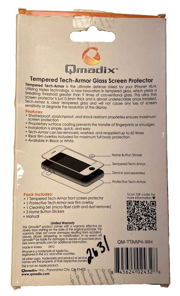 Qmadix Tempered Tech Armor Glass Screen Protector for Apple iPhone 4/4S, White - Image 3 of 4
