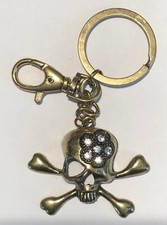 Skull  Crossbones Keychain  Rhinestone Bronze Tone  Bling Key Holder Hook  1