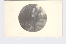 RPPC Real Photo Postcard Candid Portrait Man #35 Hat Suit Watch Chain Tie Circle