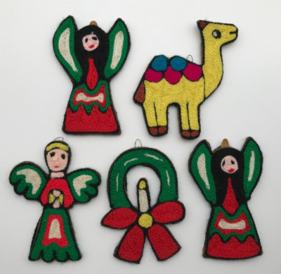 Set of 5 Vintage Huichol Mexican Yarn Folk Art Christmas Ornaments Angels Wreath