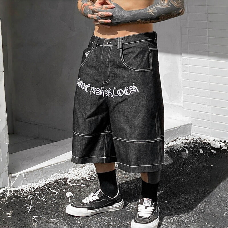 Men Chicano Knee-Length Denim Shorts Jeans Loose West Coast HipHop