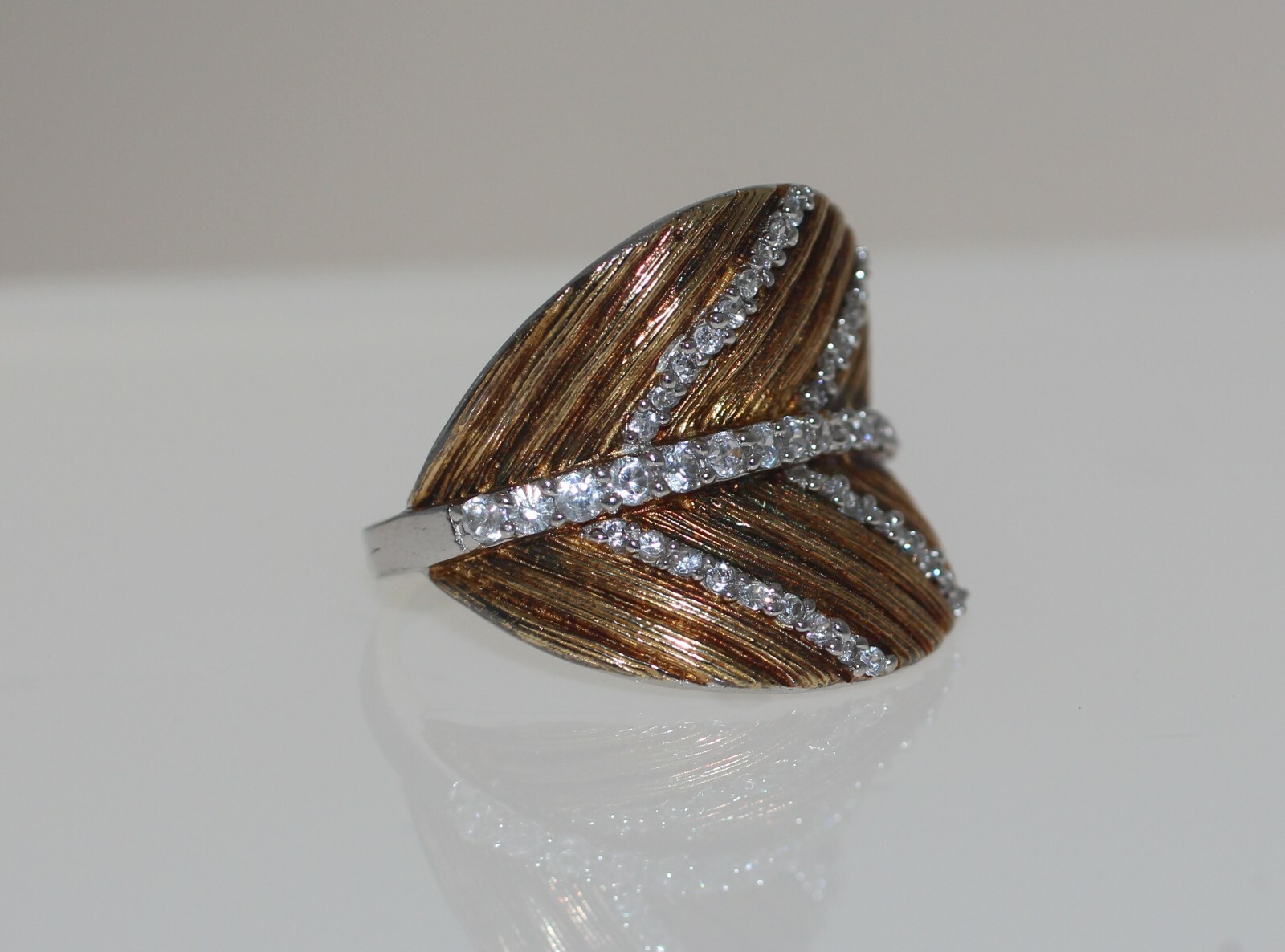 Vintage Statement 925 CZ Fall leaf ring two tone - image 3