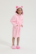 Girls Cartton Fleece Bathrobe Cat Ears Hooded Pajamas Kids Dressing Gown 3T-12Y