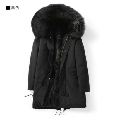 Parka Mens 100% Fox Fur Lined Hooded Mid Long Coats Furry Thicken