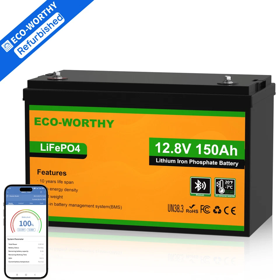 ECO-WORTHY 1920Wh 12V 150Ah LiFePO4 Lithium Battery Bluetooth RV Trolling Motor