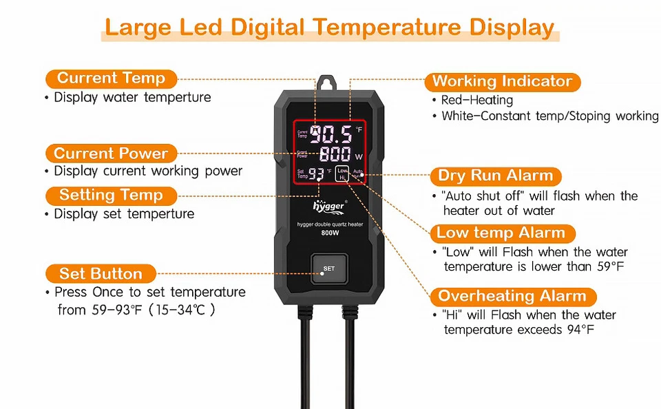 hygger 1000W Digital Aquarium Heater Titanium Fish Tank Heater w/ Led Display - Image 4 of 4