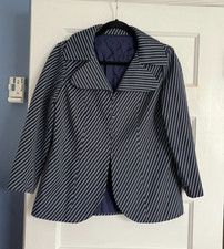 VINTAGE WOMEN'S NAVY BLUE WHITE STRIPED BLAZER UNBRANDED LINED GREAT COLLAR EUC
