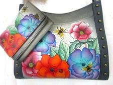 Anuschka Hand-Painted Leather Satchel Paradise Found Gray Medium Studded NWT