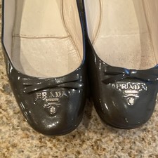 PRADA Women's Black Patent Leather Ballet Flats Bow Logo EU 37.5
