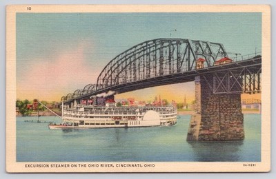Curt Teich Linen Postcard Excursion Steamer Ohio River Cincinnati 1939 Postmark