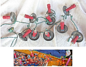 Vintage Christmas TREE LIGHT STRAND 10 RED CANDLES in HOLDERS Approx. 5 ft.