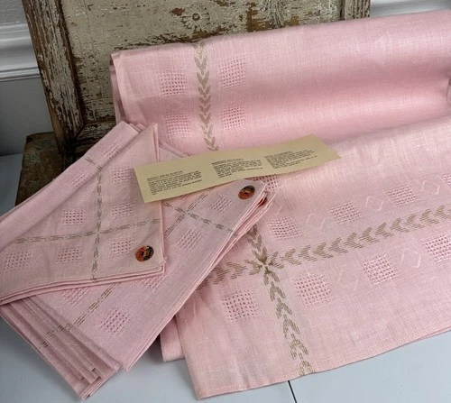 Vtg MCM Belgian Linen Tablecloth 60”x 100” 12 Napkins Embroidered Dusty Pink NOS