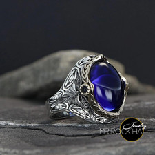 Blue Zircon Stone,King Byzantine Chain Engraving Motif,925 K Silver Men's Ring