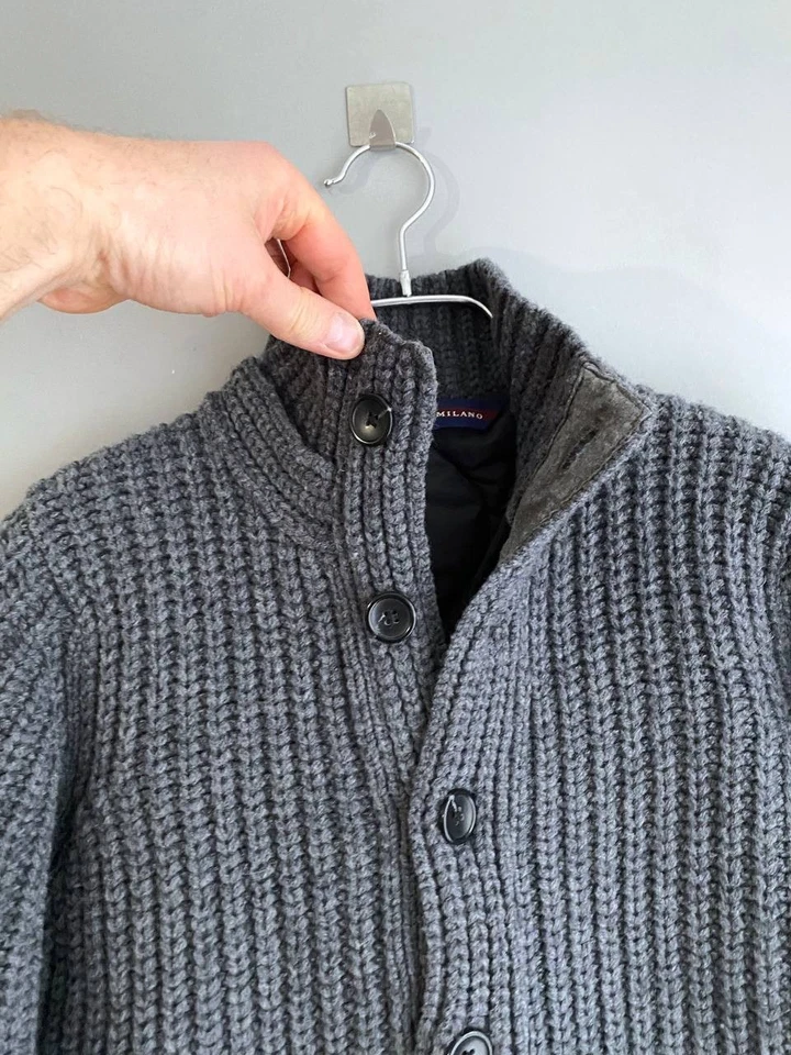 Cárdigan Boggi Milano Para Hombre Tejido Lana Merino Gris Botón Forro Chaleco, Talla S Foto 4 de 4