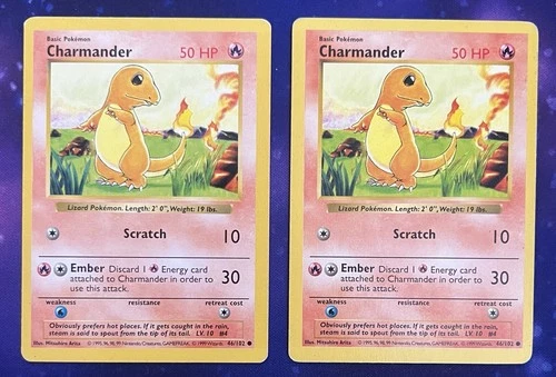 1999 Vintage Pokemon TCG Fire Charmander Base Set #46/102 Shadowless HP Rare x2