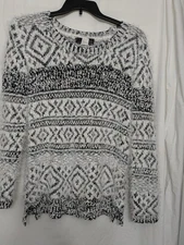 Midnight Velvet Black White Fuzzy Soft Aztec Pattern Sweater Women M Cozy Winter