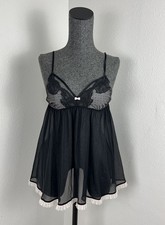 Victoria's Secret Black Pink Polka Dot Lace Trim Baby Doll Negligee Size Small