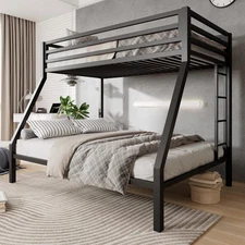 Black Twin Over Full Size Metal Bunk Bed Removable Ladder Full-Length Guardrail