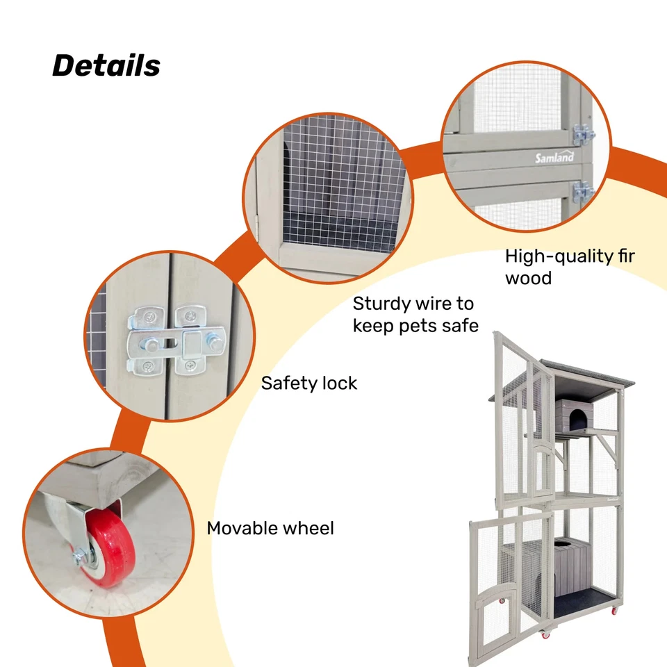 Samland Outdoor Wooden Cat Enclosure Catio with Wheels, Double Cat Houses & Roof - image 4 of 4