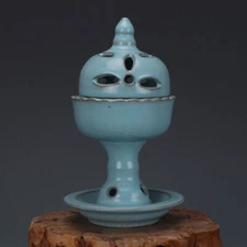 7" Good Chinese Jingdezhen Ruyao Celeste Glaze Porcelain Censer Incense Burner