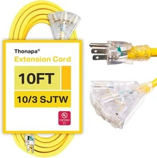10Ft Yellow 10Awg Heavy Duty Extension Cord 3 Outlets Indoor Outdoor Use