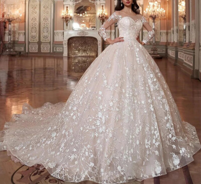 Luxury Wedding Dress O-neck Long Sleeves Crystal Applique A