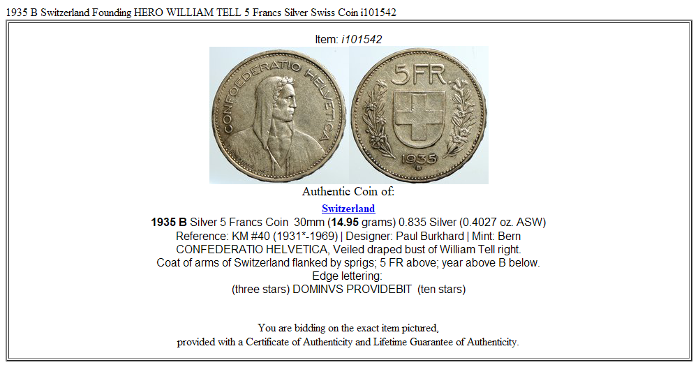 1935 B Switzerland Founding HERO WILLIAM TELL 5 Francs Silver