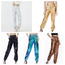 Damen Laser Glänzend Lang Hosen Bling Gummibund Locker Disko Tanz