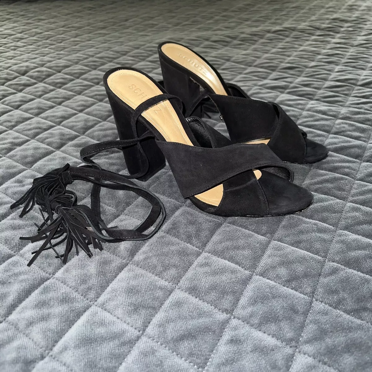 Schutz Revolve Women Size 8.5 B Black Suede Tassel Block Heels Open Toe Shoe
