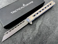 Full Tc4 Titanium EDC Folding Knife! Damascus Steel Tanto Blade! Ball Bearing!