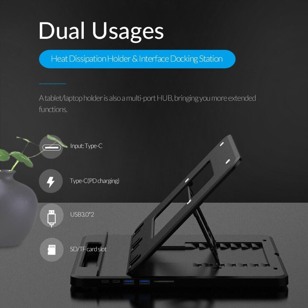 Adjustable Black Laptop Stand with USB Hub Multi-Angle Lightweight Phone Holder  