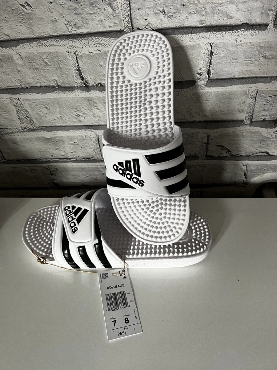 adidas Adissage Femme Taille 8 Diapositives. Rayures blanches noires. Neuf avec