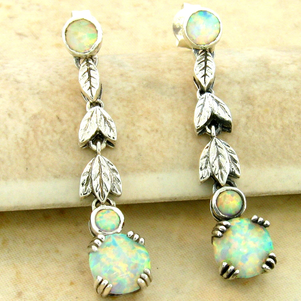 PENDIENTES COLGANTES ESTILO ANTIGUO PLATA DE LEY 925 ÓPALO CREADO EN LABORATORIO 665X Foto 2 de 2