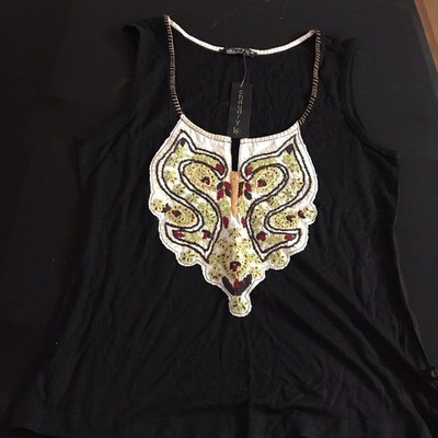 Chaudry K C Women Black V-Neck Handstitch Tank Top In A Size Medium ￼